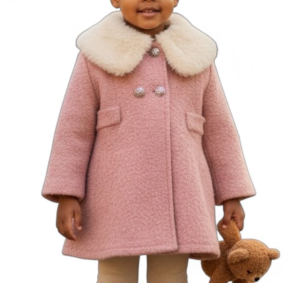 Vtg Girls Pink Wool Blend Coat Faux Fur Collar Quilted Lining 70s 80s Retro - Picture 1 of 7